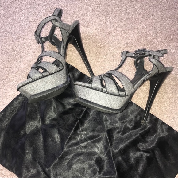 YSL Gray & Black Tribute Platform Sandal Heels Size 5 - Picture 6 of 8